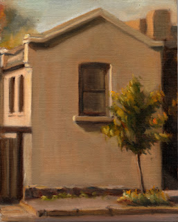 Oil painting of a small double-storey Victorian-era building with a small tree in front.