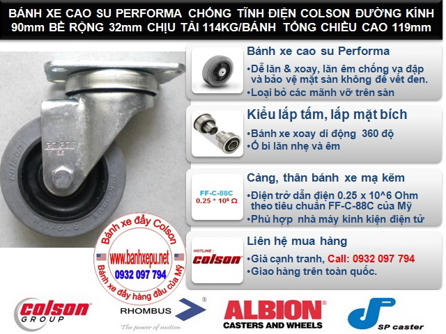 Bánh xe kháng tĩnh điện Colson Mỹ càng xoay phi 90 | 2-3646-445C www.banhxeday.xyz