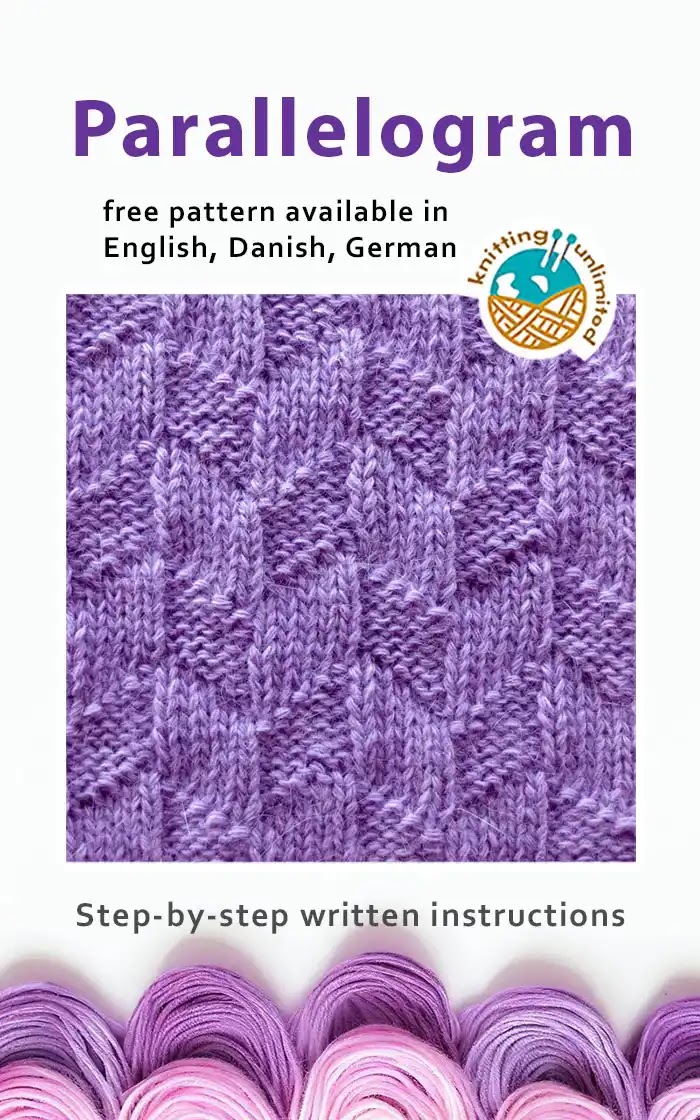 Parallelogram stitch, with a free pattern available in English, Danish, and German