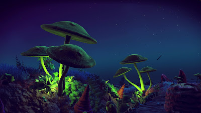 Magnifique flore faîte de champignons qui luisent dans la nuit sur une planète dans No Man's Sky (Hello Games).