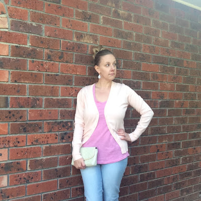 Pastel outfit, OOTD, cardigan, jeans, heels, clutch