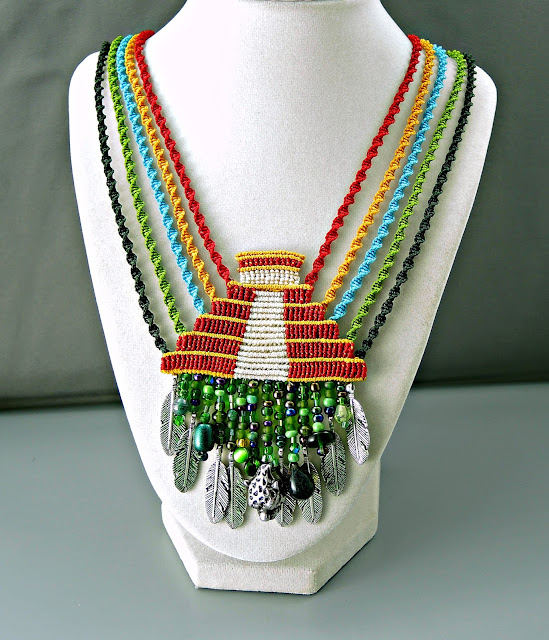 Maya pyramid necklace in macrame by Sherri Stokey of Knot Just Macrame.