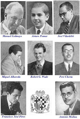 Los ajedrecistas Manuel Golmayo, Arturo Pomar, José Vilardebó, Miquel Albareda, Robert G. Wade, Pere Cherta, Francisco José Pérez y Antonio Medina