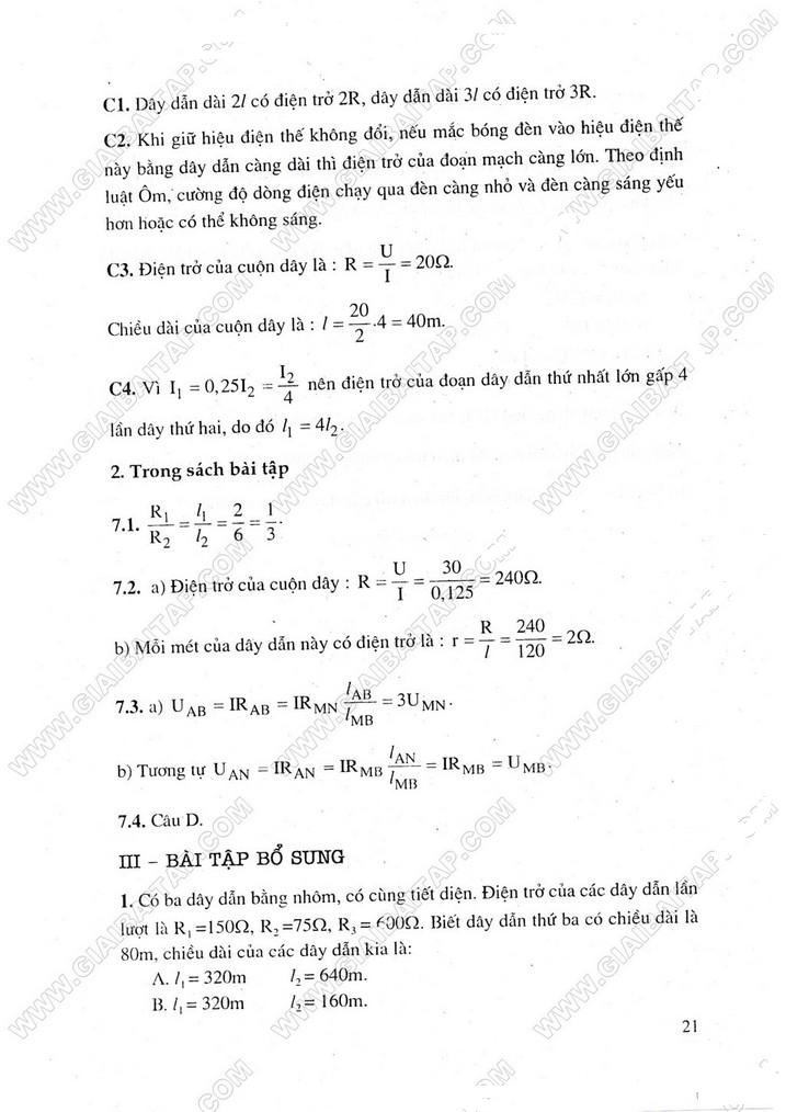 Giải bài tập vật lý 9 - Bài 7