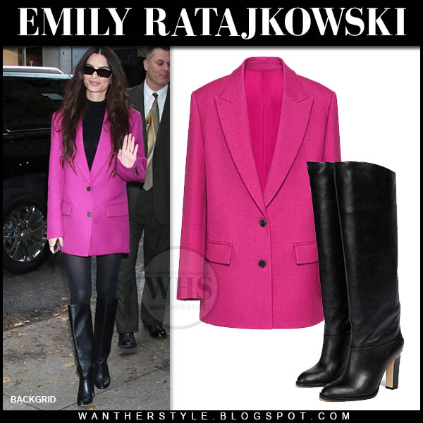 Emily Ratajkowski in hot pink blazer and black knee boots