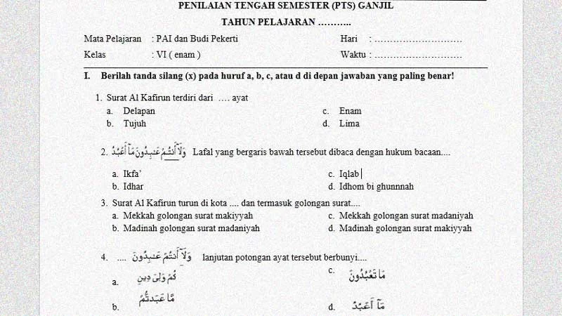 Soal Penilaian Tengah Semester 1 Kelas 6 Pendidikan Agama Islam