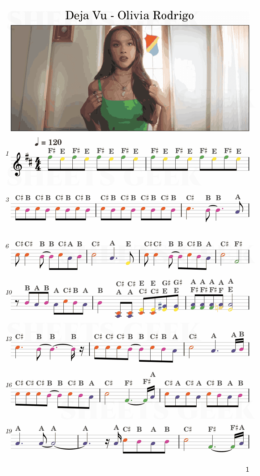 Deja Vu - Olivia Rodrigo Easy Sheet Music Free for piano, keyboard, flute, violin, sax, cello page 1