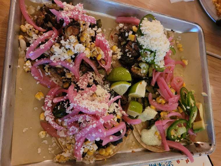 3 Brussels sprouts tacos and 1 cactus taco at El Arbol, Brighton