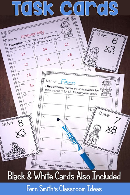 You will love this Spring Multiplication Task Cards, Recording Sheets and Answer Keys! It is so easy to prepare these task cards for your centers, small group work, scoot, read the room, homework, seat work, the possibilities are endless. Your students will enjoy the freedom of task cards while learning and reviewing important skills at the same time! Perfect for review while you work with your small groups. Students can answer in your classroom journals or with the included three different recording sheets. Perfect for an assessment grade for the week.Thirty-six {36} colored task cards, thirty-six black and white task cards, 3 print and go worksheets and 3 answer keys that can be used as self-checking sheets for any math center. Add some rigor and fun to your math class with these Spring task cards! #FernSmithsClassroomIdeas