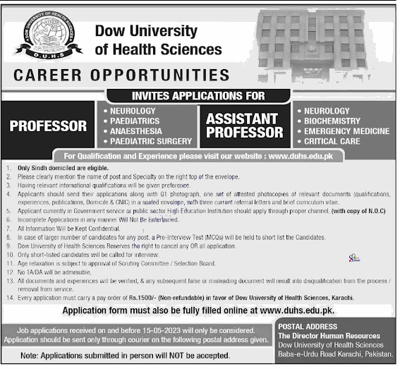 Dow University of Health Sciences Karachi Jobs 2023 Advertisement