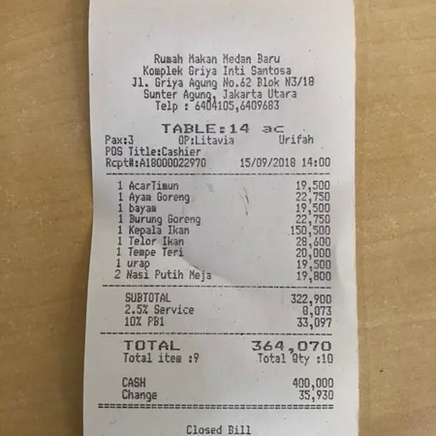 Pentingnya bill ditempat makan