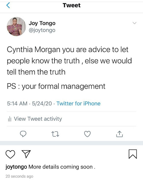 Cynthia Morgan's former manager, Joy Tongo accuses her of owing her and Jude Okoye