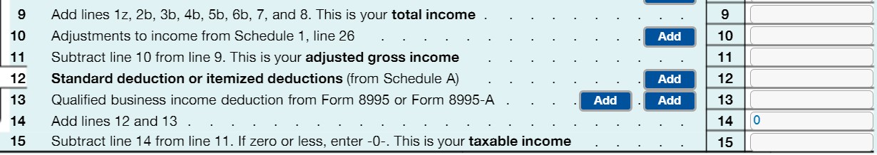 Image of Form 1040's rows 9 through 15