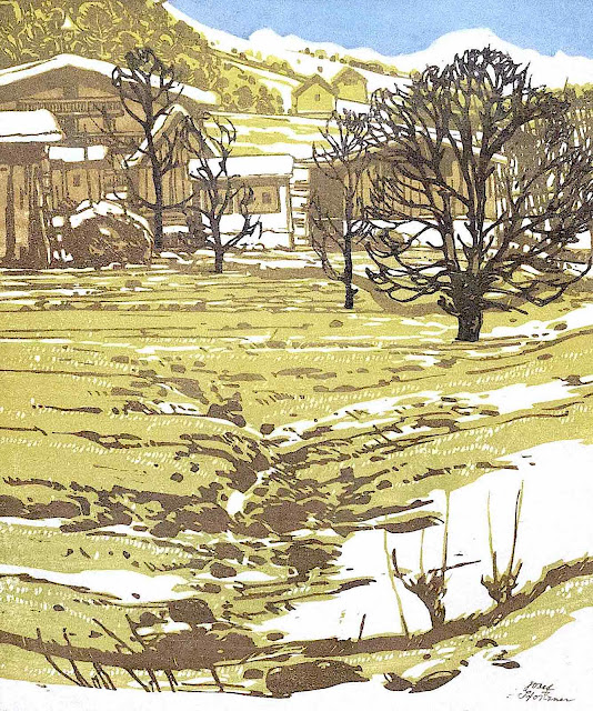 a Josef Stoitzner print of a farm in browns