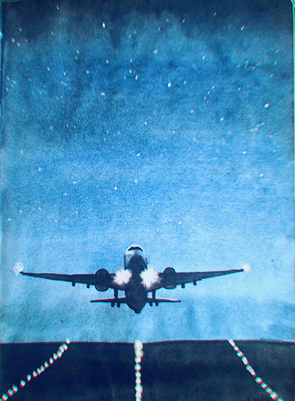 watercolor airplane in the night sky