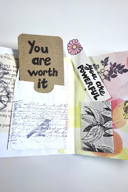 brush lettering,empty bill envelopes, recycle, ribbon, Strawberry Moon Magazine, Suzanne Earley, art journal, art journaling, self care, self love, crafts, handmade, paper crafts, scrapbook, scrapbooking, junk journal, rubber stamps, ink pad, watercolor, glue, scissors, scrapbook paper, blah to TADA, photo by Claire Mercado-Obias