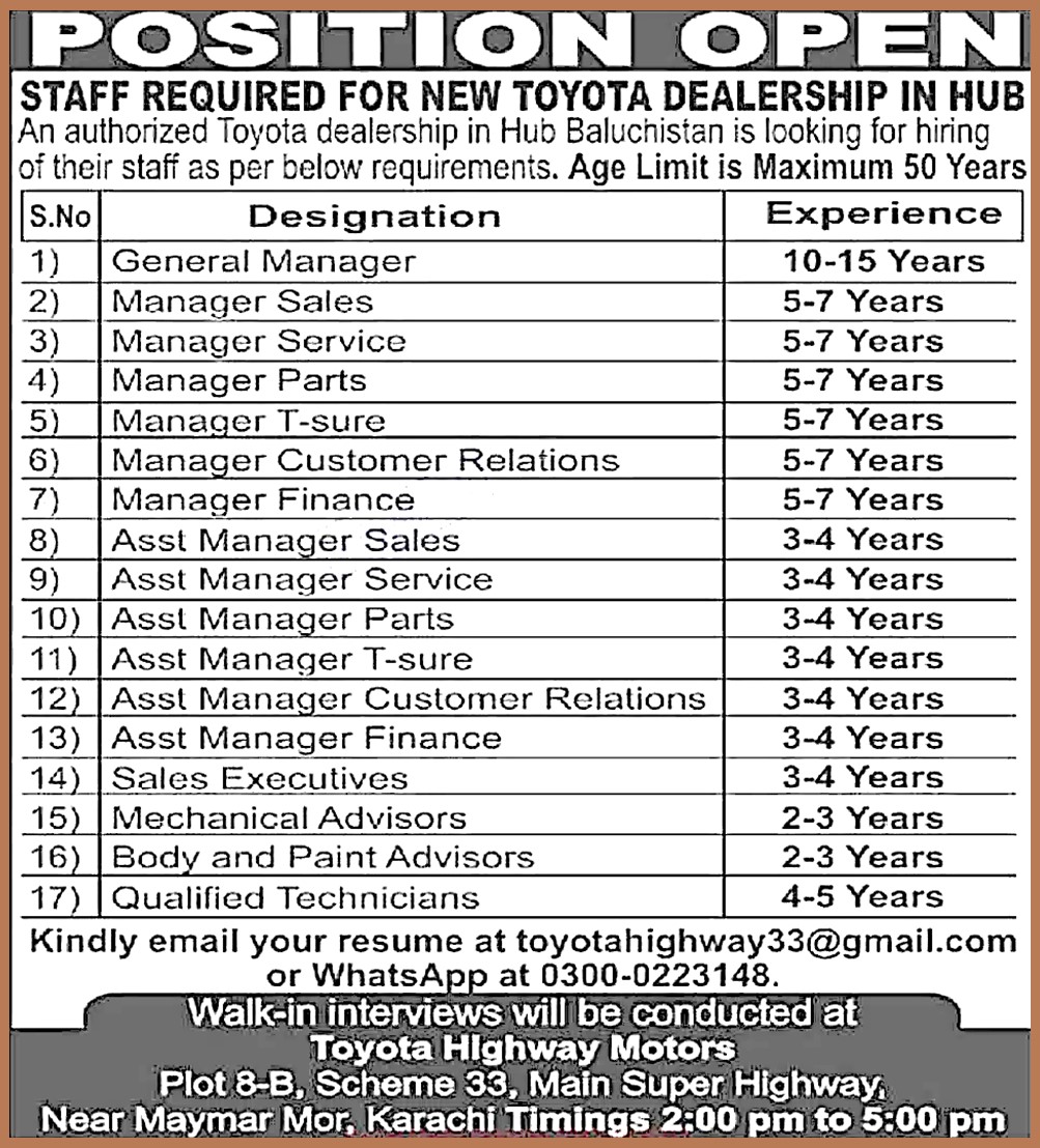 Toyota Dealership Hub Balochistan 2023 Jobs | Apply Online