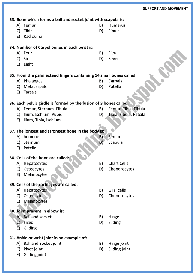 Biology Mcqs XII - Support And Movement - Mcqs