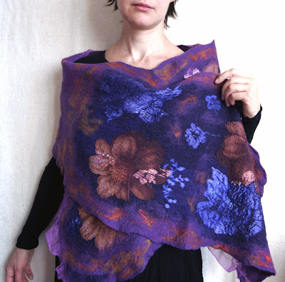 nuno-felt, wool, scarf, wrap, shawl, purple, merino, silk, flower