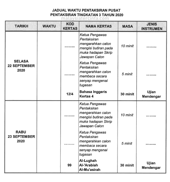 Jadual Peperiksaan Pentaksiran Tingkatan 3 (PT3) 2020