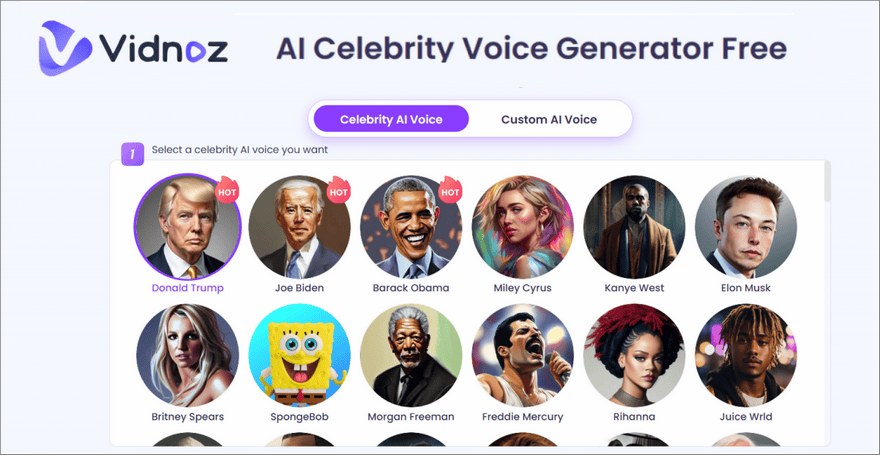 Vidnoz AI voice changer 用名人聲音朗讀文本