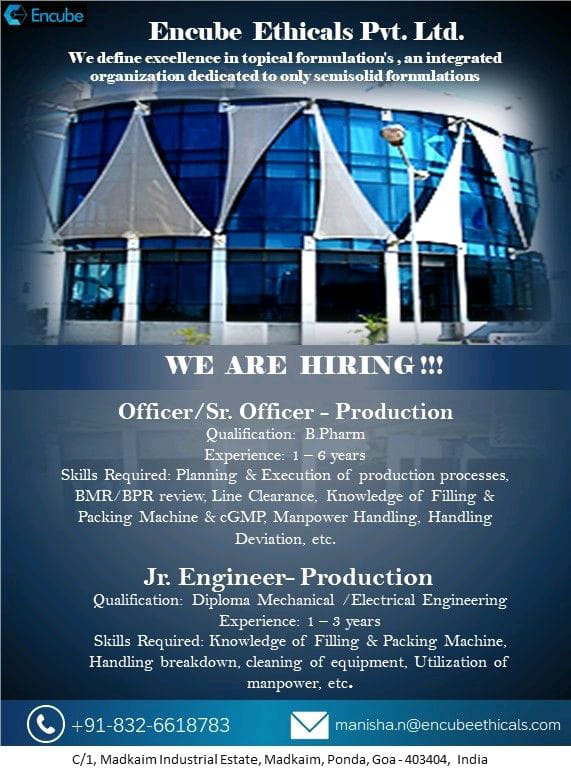 Job Available's for Encube Ethicals Pvt Ltd Job Vacancy for B Pharm/ Diploma Mechanica/ Electrical Engineering