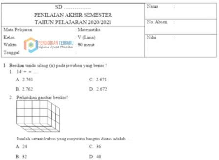 Pendidikanterbaru Com Soal Dan Kunci Jawaban Pas Matematika Sd Mi Kelas 5 Semester 2 Tahun Pelajaran 2020 2021