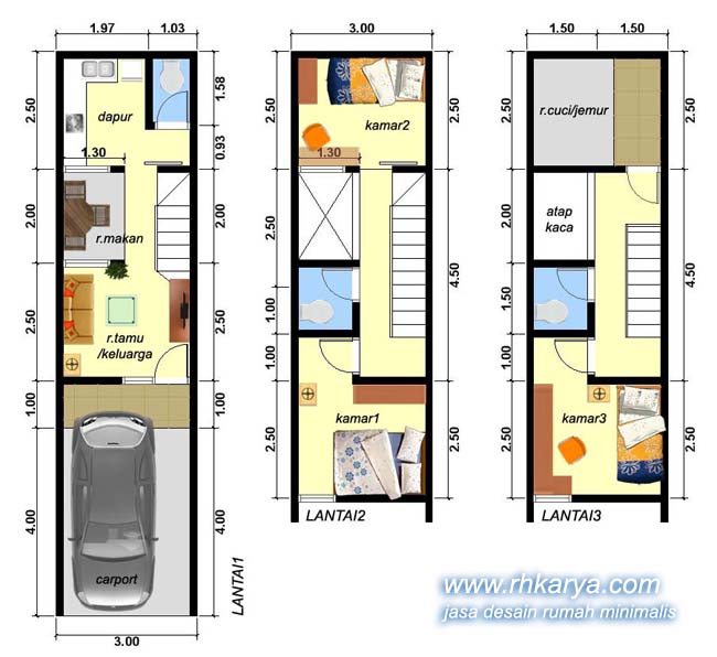 Desain Rumah Lebar 3 Meter 3 Lantai 3 Kamar Tidur - PARTUKANG