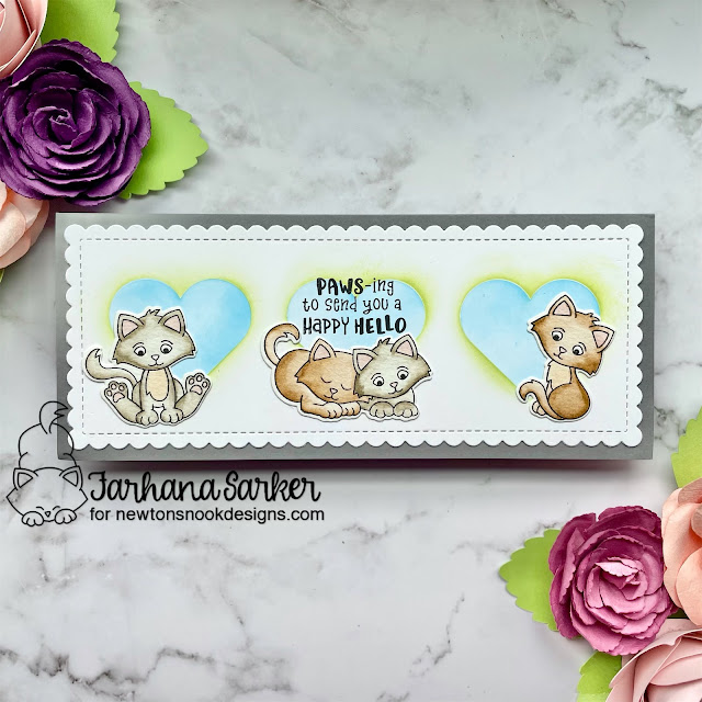 Kitten Slimline card by Farhana Sarker | Smitten Kittens Stamp Set, Slimeline Frames & Portholes Die Set and Slimline Masking Hearts Stencil Set by Newton's Nook Design