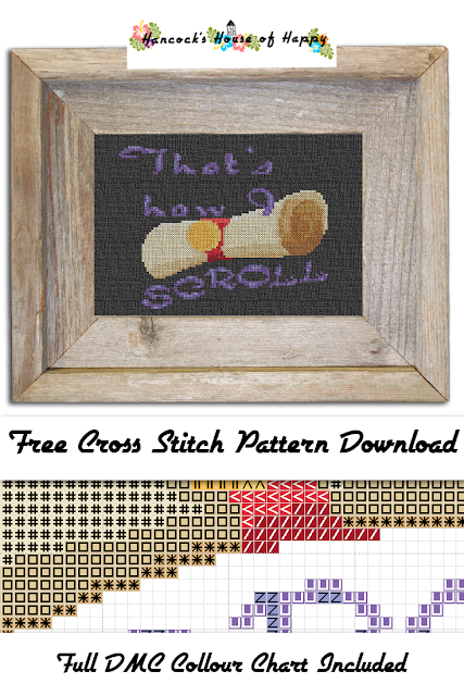 Today we have another magic pun cross stitch pattern with That's How I Scroll. This magic scroll cross stitch is sort of a fun one because you could easily swap in any multi-coloured or variegated thread you have to use for the words. There is also some really nice subtle shading in this free magical cross stitch pattern that helps to bring the layers of parchment to life. Without back stitching even! I think there was a lot of back stitching during Chinese New Year week at the beginning of February and I freaked myself out a bit with all of it. 