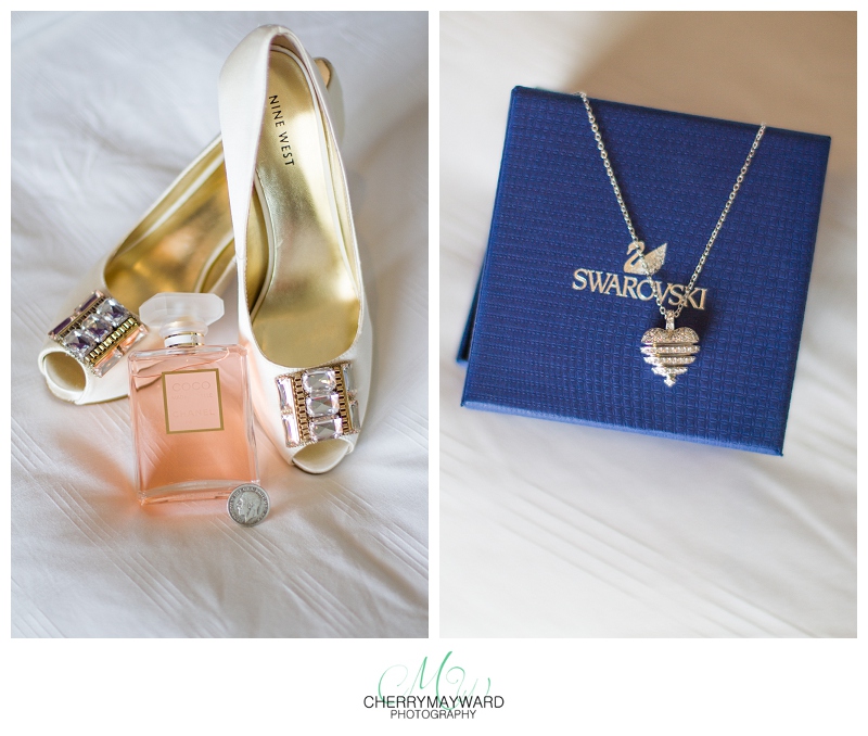 wedding details, shoes, parfume and bridesmaids gift