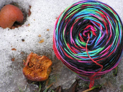 photo of gothsocks yarn cake in the snow