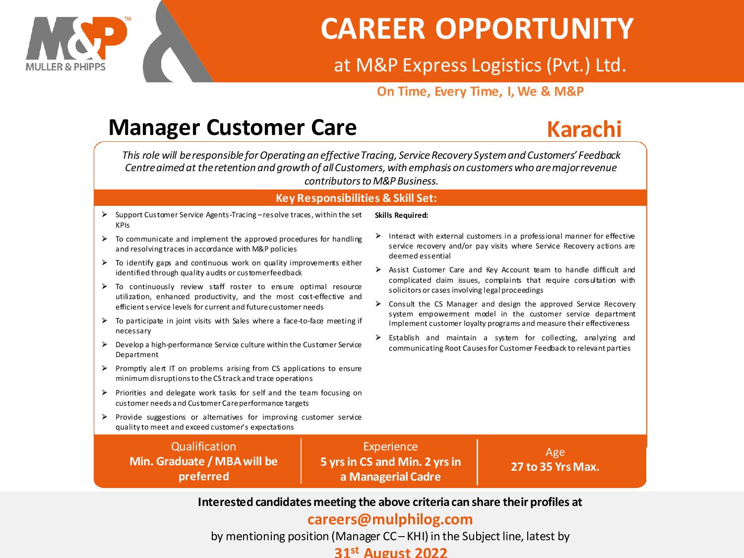 Manager Customer Care opportunity at M&P Express Logistics