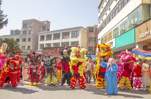 Hundreds of dragons and lions celebrate the New Year 2024, and the New Year flavor in Guangning County(Guangdong,China) is strong and strong