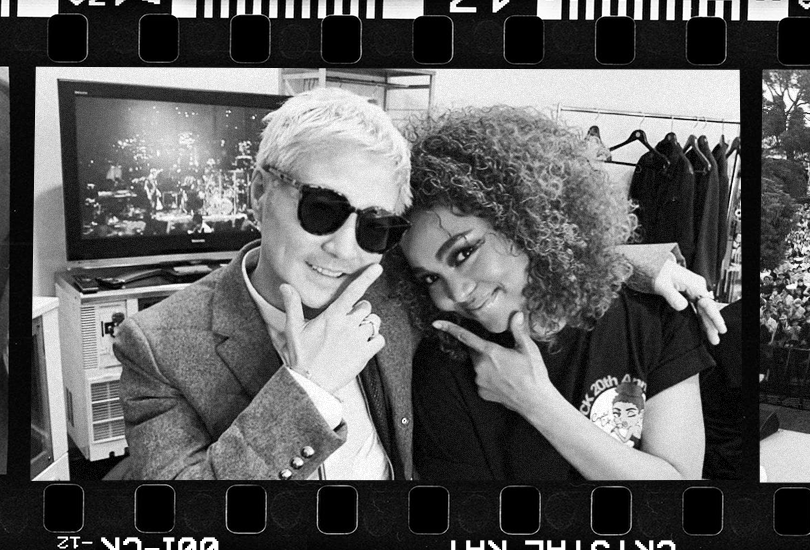 A black and white photo of Verbal of M-Flo and Crystal Kay, in Crystal’s dressing room, for her 20th anniversary gig.