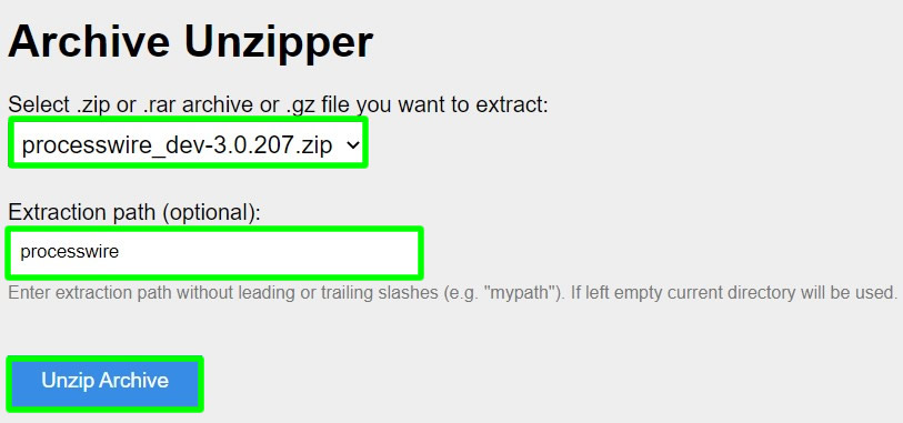 extracting cms zip file using unzipper.php