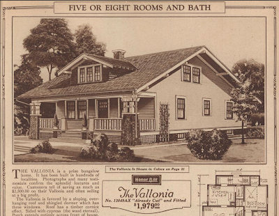 black and white and sepia drawing of Sears Vallonia in the 1925 Sears Modern Homes catalog