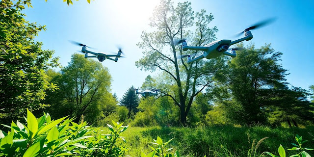 Drones flying over a green landscape with trees.