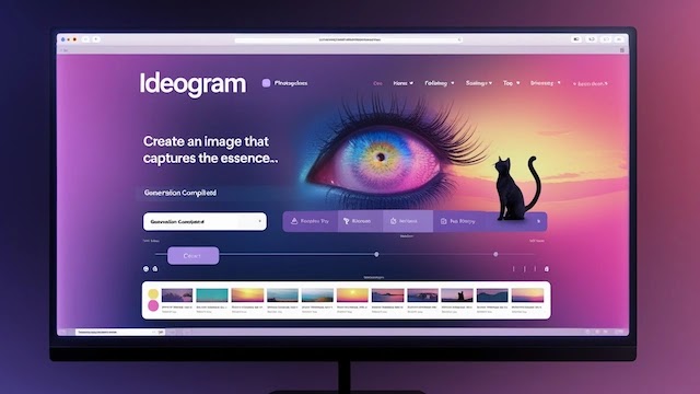 Monitor displaying Ideogram's AI image generation website, highlighting its distinctive interface: a large artistic eye and black cat silhouette against a sunset, on a vibrant purple/pink background, with typical UI elements.
