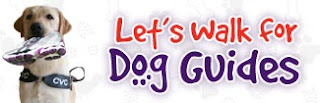 image Service dog carrying sneaker in mouth beside phrase -Let's Walk for Dog Guides