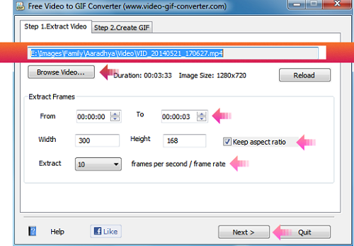 Screenshot Step 1,2, and 3 Free video to GIF converter