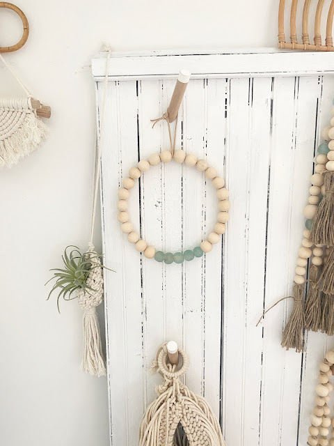 summer sea glass wreath with wood beads