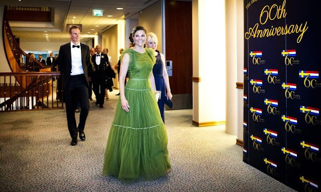 Crown Princess Victoria wore a green tulle gown by H&M Conscious Exclusive collection. Maria Nilsdotter Nocturnal Tiara