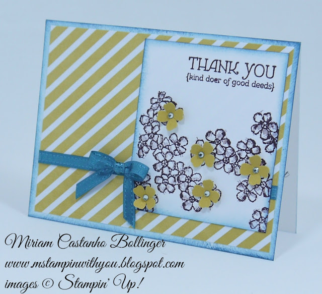 Miriam Castanho Bollinger, #mstampinwithyou, stampin up, demonstrator, dsc, lullaby dsp, birthday blossoms stamp set, lots of thanks, thank you, itty bitty accents punch, su