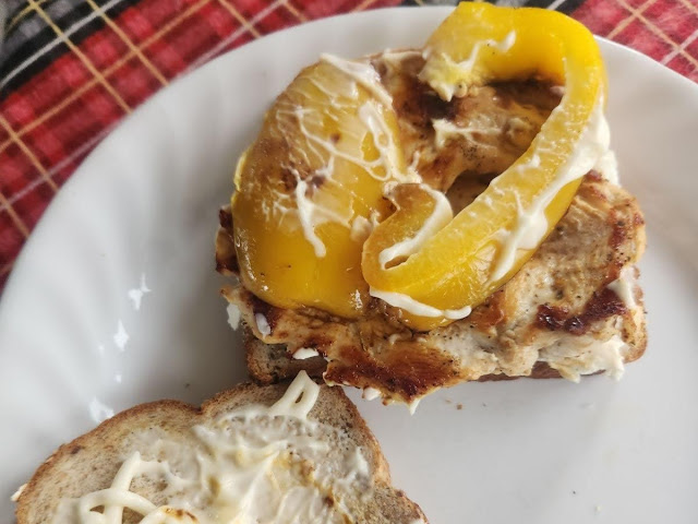 Yellow pepper and chicken on bread