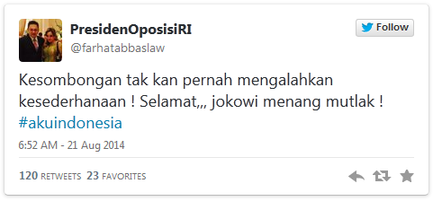 Hakim MK Tolak Gugatan Prabowo Hatta komentar Presiden Oposisi di Twitter