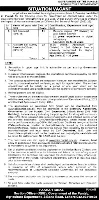 Agriculture Department Lahore Government Jobs 2022