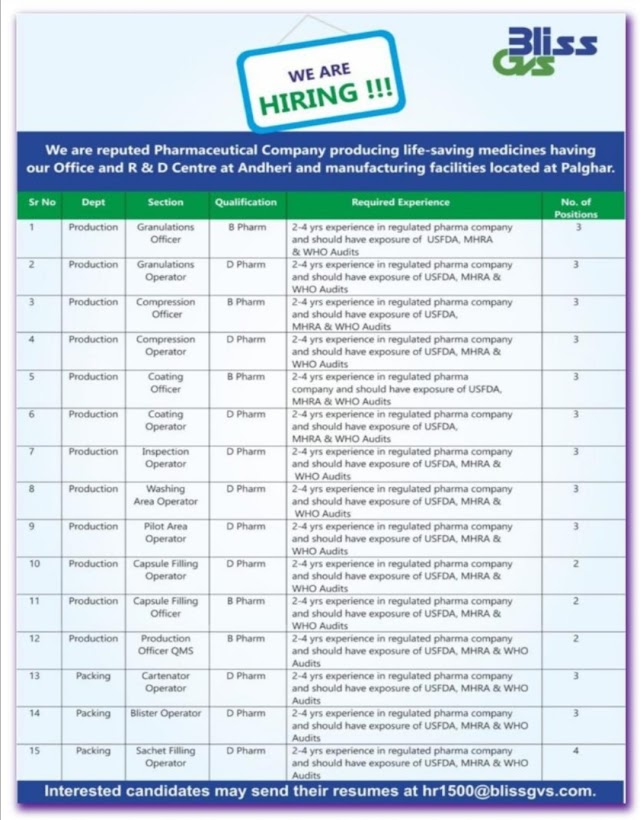 Bliss GVS Pharma | Hiring for Multiple Vacancies in Production/Packing | Send CV
