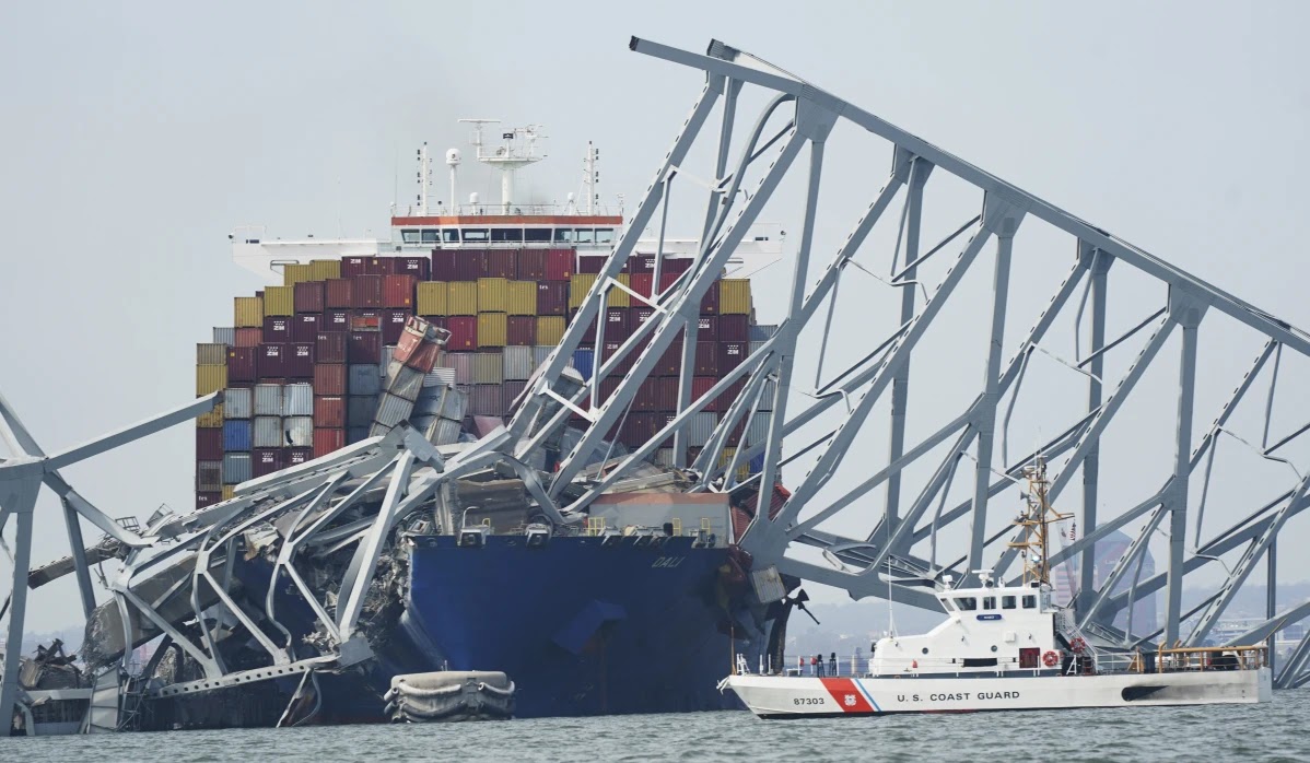 Francis Scott Key Bridge, Baltimore, Maryland State, collapsed after a huge container ship lost power and crashed into it