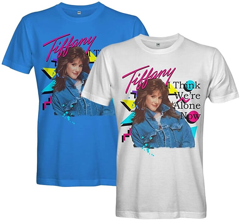 Blue and White T-shirts featuring Tiffany I Think We're Alone Now and 80s geometric shapes